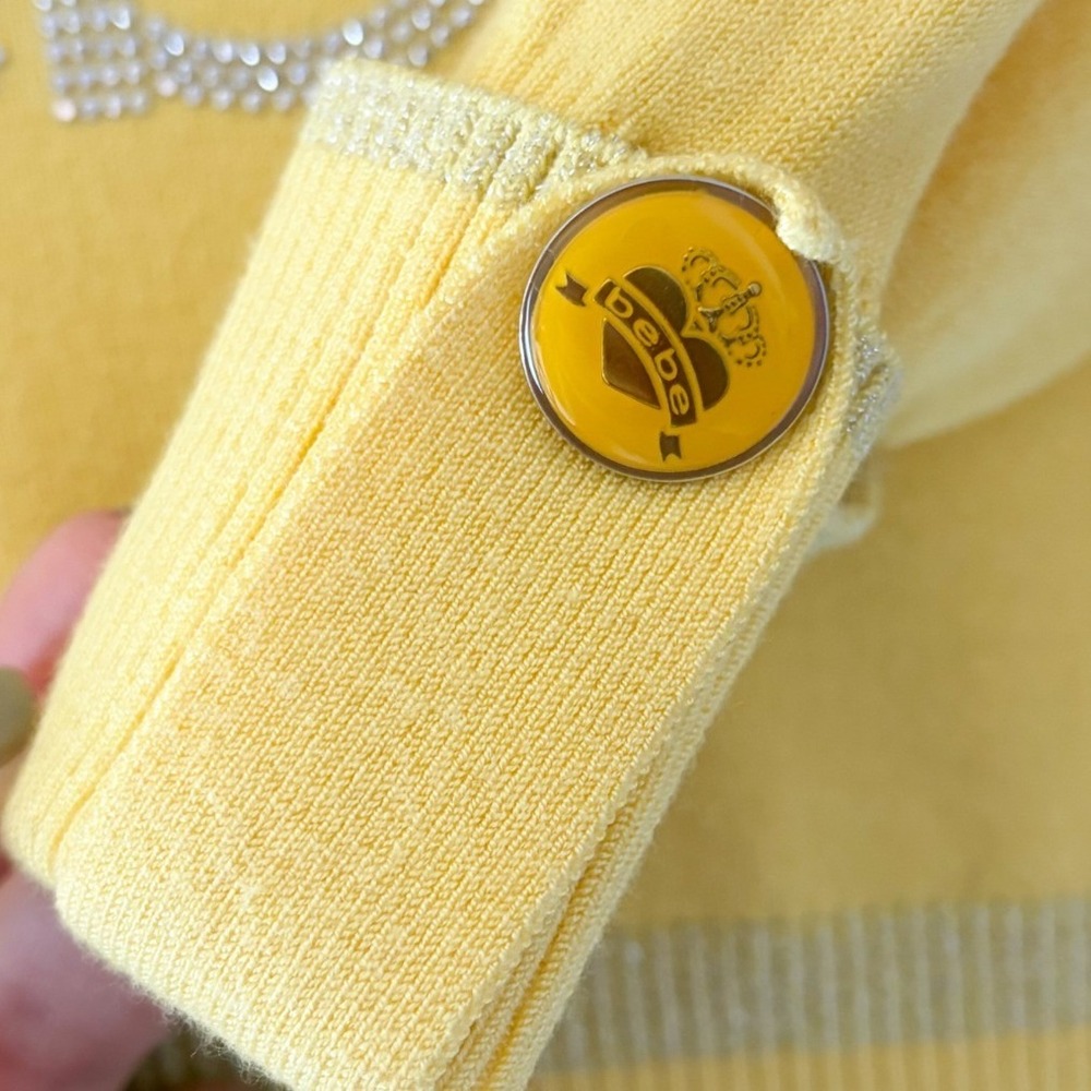 Bebe Y2K Yellow Rhinestone Logo V Neck Sweater Top Metallic Striped - Picture 3 of 4